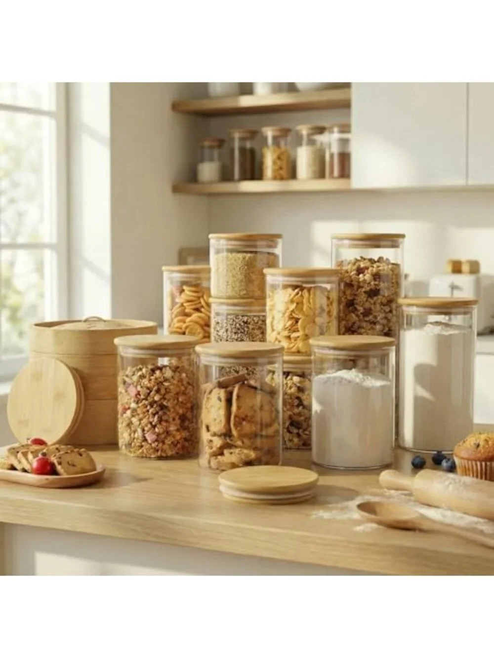 4-Pack 53 oz Round Glass Food Storage Containers with Airtight Bamboo Lids